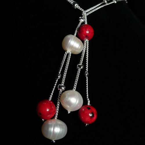 Image Detail - Lariat Silver Necklace with White Pearls and Coral