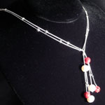 Lariat Silver Necklace with White Pearls and Coral